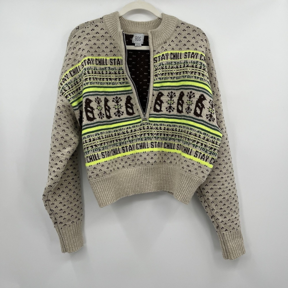 Women's Sweater Half Zip L Polar Bear Chill BDG Crop Nordic Ribbed Crop Ski Neon